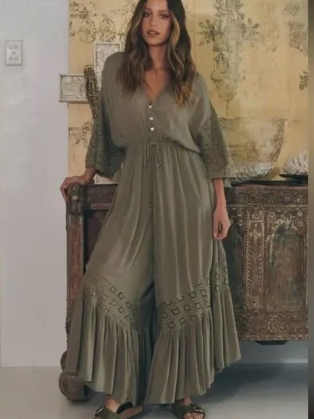 Free People Angela Lace Wide Leg Jumpsuit Olive Boho Open Back Size Small